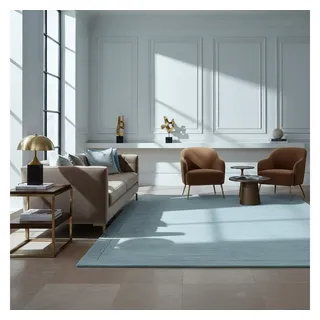 KADIMA DESIGN Wollteppich Handgewebter Teppich, Strukturdesign Bordüre, Unifarben, Weich, Robust, Rechteckig, Höhe: 19 mm, 100% Schurwolle, Rutschfester Baumwollrücken, Schalldämmend blau|grün 160 cm x 230 cm x 19 mm