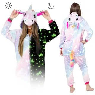 ZOLTA Jumpsuit Onesie für Damen und Herren - Sanft Kuschelig Unisex Pyjama - Warme Schlafanzug - Karneval Kostüm Damen oder Herren - Beliebte und Lustige Einhorn - Größe XL - Rainbow Glowing Unicorn - XL