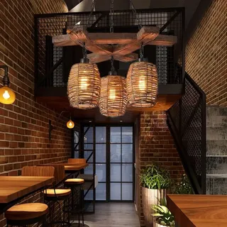 Pendelleuchte Holz E27 Vintage Eiche Hängeleuchte Esszimmer Rattan weberei Pendellampe Industrial Metal Hängelampe Retro Deckenleuchte Bambus Rustikale Landhaus Leuchte Schlafzimmer Wohnzimmer