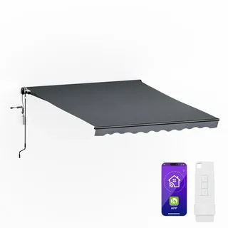 blumfeldt CloudShade Markise – 3m elektrische Gelenkarmmarkise mit App & Fernbedienung, UV 30+ & Regenschutz, Neigungswinkel einstellbar, Aluminiumrahmen, einfache Wandmontage, 295x250 cm, Dunkelgrau