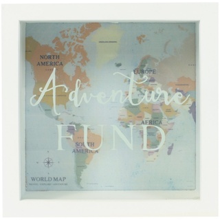 Jones Home and Gift Bilderrahmen-Spardose Adventure Fund, zum Sparen für (Abenteuer-) Reisen, Weiß