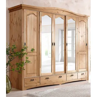 OTTO home Schiebetürenschrank Konrad, Landhausstil, rustikal, mit Schubladen + Spiegel, Kassetten (B/H/T ca. 249 cm x 207 cm x 64 cm) massive Kiefer, FSC®-zertifiziert, Messinggriffe beige