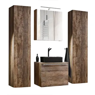 Badmöbel Set in Vintage Oak Eiche PUEBLA-56 Waschtischunterschrank mit Keramikbecken, LED-Spiegelschrank & 2 Hochschränke b/h/t 170/200/46 cm