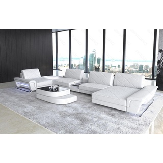 Sofa Dreams Wohnlandschaft Leder Couch Sofa Ferrara Ledersofa mit, Multifunktionskonsole, USB, LED weiß