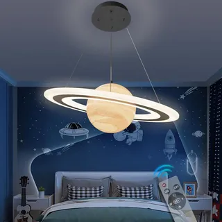 DROMEZ LED Hängelampe Kinderzimmer, 40W Kinderzimmer Lampe Pendelleuchte Schlafzimmer Planet mit Fernbedienung, 50CM Saturn Schlafzimmerlampe Hängeleuchte Dimmbar Rund für Jungen Mädchen