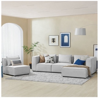 Juskys Ecksofa Domas, 5 Teile, XL, modulare Couch für Wohnzimmer, 4 Sitzer mit Ottomane & Kissen grau|silberfarben