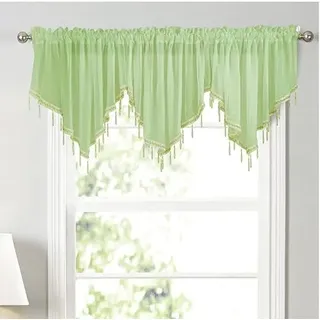 Devola Scheibengardine Volant Transparent Modern BxH 130x60cm Grün 1 Stück | Gardine Dreieckiger Querbehang, Kurzvorhang mit Kristallperlen, Panneaux Gardinen Kurz, Dekorationsvolant für Küchenfenster