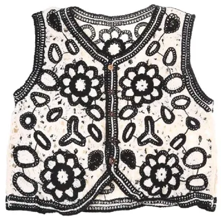 Myazs Damen Vintage Hollow Out Crochet Crop Top Weste Stickerei Blumen Ärmellos für Jacke Cardigan Button Down Boho Hippie Casual Weste Stickerei Blumen Ärmellose Jacke