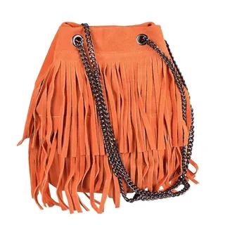 ITALYSHOP24 Schultertasche Made in Italy Damen Leder Tasche CrossOver, mit Fransen & Kette, als Shopper, Umhängetasche tragbar orange