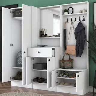 Garderobe Manzano, Mit Spiegel, Kleiderhaken, 7 Regale, 179x37x183h Cm Weiß
