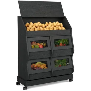 Puluomis Vorratsdose Vorratsdose Kartoffelbox, Gemüsebox mit Rollen, Kartoffelkiste, (Gemüsebehälter mit Belüftung und Brotfach, Aufbewahrung von Gemüse und Obst, Kartoffelbox braun schwarz) schwarz 31 cm x 72 cm x 96.5 cm