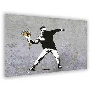 Leinwando Gemälde »Banksy bilder Blumenwerfer Flowerriot grey hochkant / Leinwandbilder streetart Graffiti«