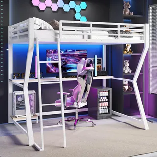 Merax Hochbett mit Schreibtisch 90x200 cm, Kinderbett Stockbett mit fernbedienbarem Ambientelicht, Steckdose + USB, Metallbettgestell mit Sicherheitsgeländer und Leiter für Kinder und Erwachsene, Weiß