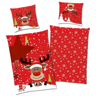 Familando Bettwäsche Weihnachten Rentier Rot, Fleece, 135x200 80x80 cm mit Reißverschluss, Fleece, 2 teilig, mit kräftigen Farben und Wendeseite mit Schneeflocken rot