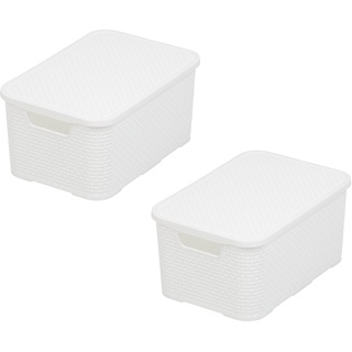 BranQ - Home essential Korb mit Deckel in Rattan Design 2er Set Grösse M 10 l, BPA-frei Kunststoff PP, Weiß, 28,8x19,7x16,2 cm, 2 Stk.