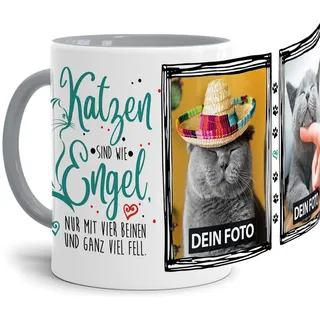 Tasse mit Spruch - Katzen sind wie Engel - zum Selbst gestalten mit zwei Fotos - Geschenkidee für Katzenliebhaber, Innen & Henkel Grau, 300 ml