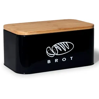 Brotkasten Retro Design Metall Bambusdeckel Schneidebrett Belüftung Schwarz 30cm