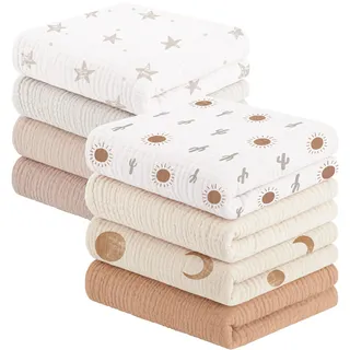 Susurration Mulltücher Baby Spucktücher,8er-Pack 100% Baumwolle Spucktücher Baby für Jungen und Mädchen, Weich, Atmungsaktiv und Extrem Saugfähig Musselin 60x60cm(Braun)