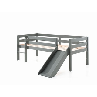 Kojen-Spielbett mit Liegefläche 90 x 200 cm, inkl. Leiter, Rutsche und Rolllattenrost, Kiefer massiv grau lackiert