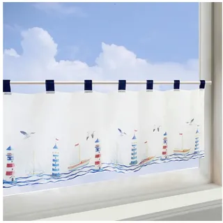 Delindo Lifestyle Scheibengardine Leuchttürme maritim, 45x120 cm, für Küche und Bad, Schlaufen, halbtransparent weiß