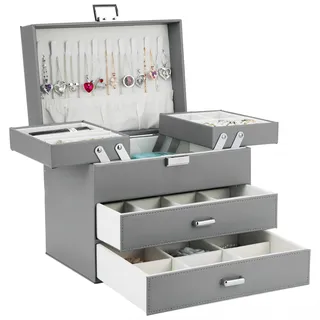Dajasan Schmuckkästchen, Schmuckaufbewahrung, 4 Ebenen Schmuckschatulle mit 2 Schubladen, Groß Schmuckbox für Schminktisch, Modern, Geschenk für Frauen & Mädchen (Grau)
