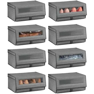 mDesign 8er-Set Schuhaufbewahrung aus Stoff – stapelbare Schuhbox mit Sichtfenster, Klettverschluss und Klappdeckel – große Aufbewahrungsbox für den Schrank oder das Regal – grau