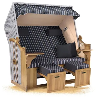 Strandkorb Hanse Ostsee XXL 2,5 Sitzer Volllieger Weiß 150cm breit, ideal für Garten, Terrasse und Balkon (Blau Braun Weiß, Zerlegt)