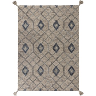 Wollteppich FLAIR RUGS "Diego" Teppiche Gr. B/L: 160 cm x 230 cm, 40 mm, 1 St., grau Schurwollteppiche fußbodenheizungsgeeignet, aus 100% Wolle, mit Quasten, Boho Look