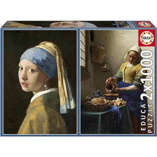 Educa - Packung mit 2 1000-teiligen Puzzles für Erwachsene | Mädchen mit Perlenohrring + Die Milchmagd, Johannes Vermeer. Inklusive Fix Puzzle-Kleber. Maße: 48 x 68 cm. Ab 14 Jahren (20309)