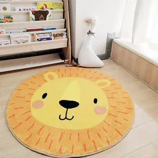 AIMECO Kinderteppich Rund 200cm | Löwe Motiv Gelb | Weicher Kaschmir-Look | rutschfest & Pflegeleicht | Spielteppich für Kinderzimmer, Mädchen Schlafzimmer & Wohnzimmer Deko