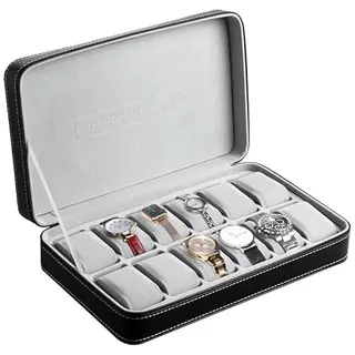 OSVINO Uhrenbox 6/10/12 Uhren Herren Schwarz Uhrenkasten Uhrenkissen aus Samt, Reise Schmuckkästchen Uhren Aufbewahrungsbox Mit Reißverschluss aus PU Leder (Schwarz, 12)