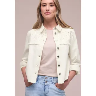 Jeansjacke STREET ONE, Damen, Gr. 40, weiß (ecru washed), Denim/Jeans, Obermaterial: 98% Baumwolle, 2% Elasthan, unifarben, normal hüftbedeckend, Rundhals, 1-Knopf-Manschette mit Knöpfen, Jacken Jeansjacke, mit Knopfleiste und Stickerei