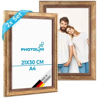 PHOTOLINI Barock-Bilderrahmen A4 21x30 cm in Gold antik, 2er Set Holz-Rahmen Vintage, Made in Germany, Echtglas, zum Aufhängen, mit Zubehör - verleiht Deinen Fotos das besondere Etwas