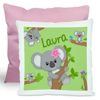 CreaDesign, Kinder Kissen 40x40 cm personalisiert mit Namen, Kinderzimmer Deko Kissen Kinder mit Füllung Federn, Motiv Koala Bär Mädchen, Rückenfarbe Rosa