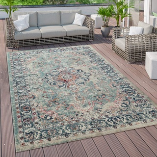 Paco Home Outdoor Teppich Küchenteppich Balkon Terrasse Vintage Orient Muster Rot Blau Beige, Grösse:80x150 cm