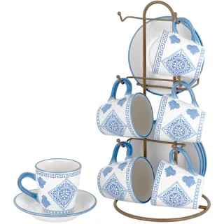 Baroni Home Set aus dekorierten Keramik-Tassen mit Untertassen und Ständer, Küchenzubehör Bunt beständig, Blaue Majolika-Linie, 15 x 13 x 29 cm