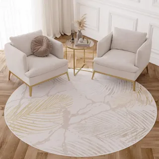 TAPISO Crystal Rund Teppich Kurzflor Glänzend Gold Weiß 100 x 100 cm | Palmenblätter Feder 3D Effekt Wohnzimmer Schlafzimmer Modern Design OEKO-TEX