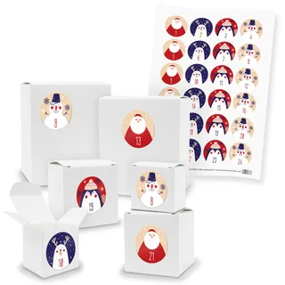 itenga Adventskalender 24x Geschenkbox Würfel Quader Weiß Zahlen Weihnachtsfigur