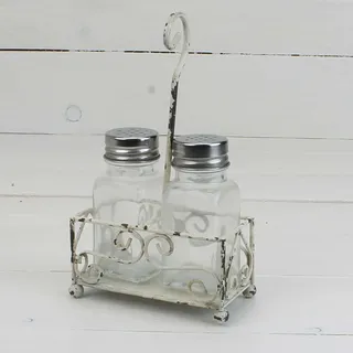 MACOSA SA80022 Salzstreuer & Pfefferstreuer Set im Korb Shabby Chic Antikweiß Gusseisen Salz Peffer Streuer Vintage-Stil Nostalgie Küchen-Accessoires