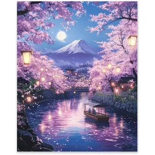 Hjjdiyes Malen nach Zahlen Erwachsene Landschaft Kirschblüten – DIY Malen nach Zahlen Kit auf Leinwand mit 4 Pinseln und Acrylfarben, Paint by Numbers Set für Wanddeko & Geschenke, 40x50cm