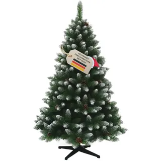 RS Trade Künstlicher Weihnachtsbaum 15013 150 cm in Grün mit Schnee und Tannenzapfen, beschneiter Tannenbaum mit Metallständer, Kunsttannenbaum, Christbaum, schwer entflammbar, für Allergiker geeignet
