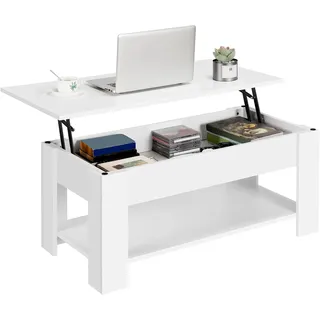 Yaheetech Couchtisch, Höhenverstellbarer Wohnzimmertisch, weiß, 98x50cm | Kaffeetisch mit verstecktem Stauraum & stabiler Sofatisch für Wohnzimmer & Büro