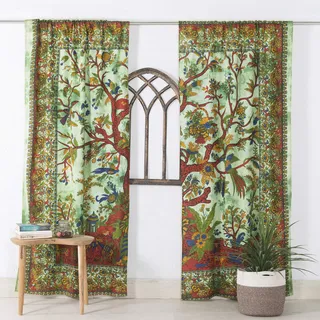 Popular Handicraft Hippie-Boho-Vorhangpaneele mit schönem Lebensbaum-Mandala, indische Fenstervorhänge, Grün