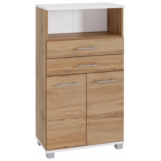 Midischrank SCHILDMEYER "Rhodos" Schränke Gr. B/H/T: 60 cm x 110,5 cm x 32,5 cm, 2 St., weiß (weiß, wotaneichefarben) Bad-Midischränke Midischrank Hochschrank Schränke Breite 60 cm, verstellbarer Einlegeboden, Metallgriffe, 2 Schubladen