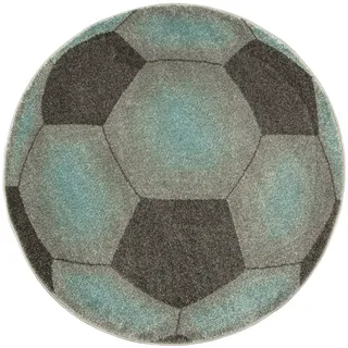 AKCILA Lima Runder Kinderteppich mit Fußball Muster 140cm | Teppich für Kinderzimmer und Jugendzimmer Grau Türkis, Kinderteppich sportliches Design in verschiedenen Farben und Größen