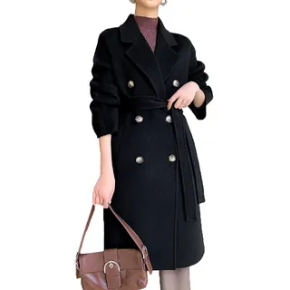 MASUCOR Wollmantel Damen Winter Mantel A-linie Wintercoat mit Gürtel Lang Winterjacke Revers Zweireihiger Coat Knielang Trenchcoat Winter Elegant Jacke Outwear(Black,M) - M