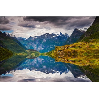 PAPERMOON Fototapete "FJORD NORWEGEN-SEE GEBIRGE BERGE ALPEN SONNE DORF MEER" Tapeten Gr. B/L: 2,50 m x 1,86 m, Bahnen: 5 St., bunt Fototapeten