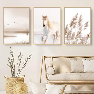 Herfair 3er Premium Poster Set, Boho Pampasgras Bilder Wohnzimmer Deko Schlafzimmer, Pferd Leinwandbilder, Moderne Wandbilder, ohne Rahmen (40x50cm)