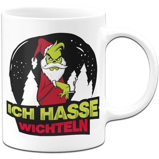 Tassenbrennerei Grinch Tasse mit Spruch: Ich hasse wichteln - Weihnachtstasse - Wichtelgeschenk zum wichteln (Weiß)