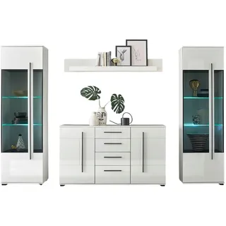 furn.design Wohnwand, Weiß, Weiß Hochglanz, Kunststoff, Nachbildung, Uni, 10 Fächer, 4 Schubladen, 290x200x42 cm, Wohnzimmer, Wohnwände, Anbauwände